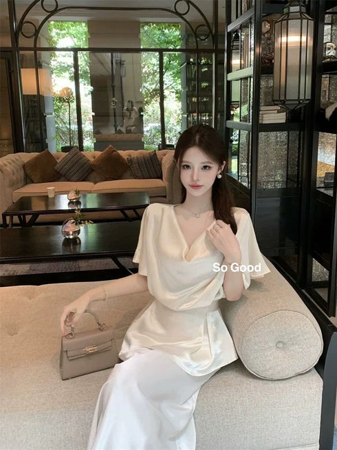 Cowl Neckline Short Sleeves Tie Tops With Skirts Sets